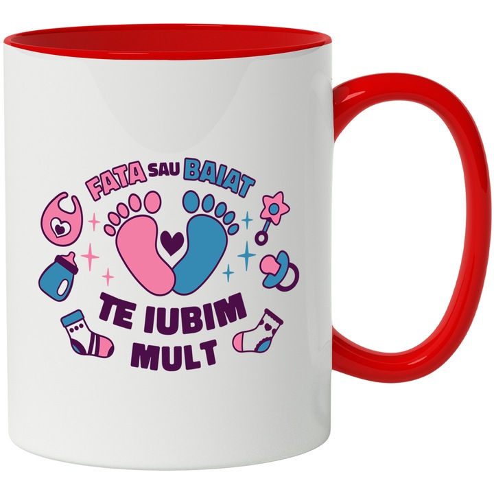 Cana Cu Mesaj Fata Sau Baiat Te Iubim Mult, Viitori Parinti, Albastru Roz, Familie, Baby Reavel, Copilarie, 330 ml, cu maner Rosu