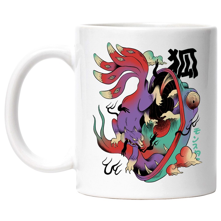 Cana Cu Pictura Stil Asiatic, Leopard In Gura Unui Animal Salbatic, Text Chinez, Iubitorii De Anime 330 ml, cu maner Alb