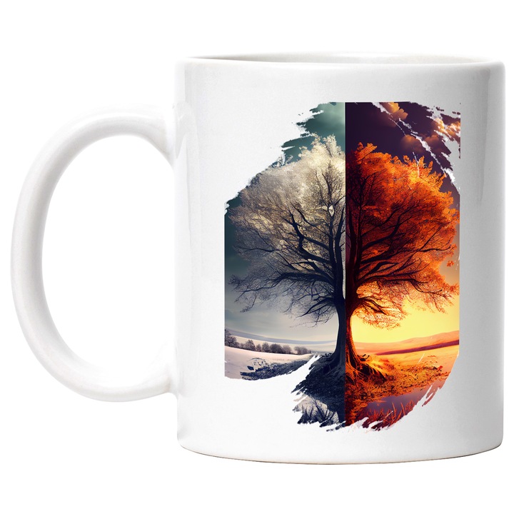 Cana ' Copacul Vesnic', Iarna, Vara, Apus De Soare, Frumusetea Nataurii, Multicolor, 330 ml, cu maner Alb