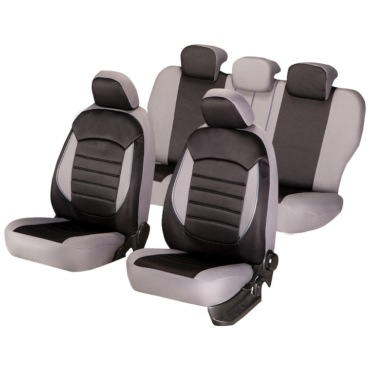 Set huse scaune auto Smartic®, Urban V2, 11 piese, compatibile cu airbag, rabatabile, 3 straturi de material, negru/gri