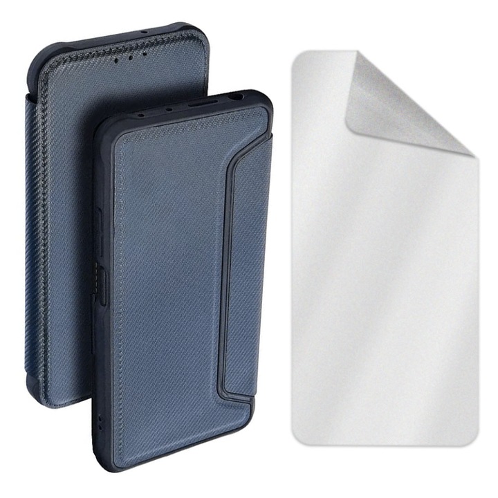 Anti-Shock Flip Cover és matt hidrogél fólia készlet Xiaomi Redmi 10C-vel kompatibilis, mágneses záródás, ujjlenyomat-mentes felület, regenerálható hidrogél, karbon betét, aprólékos és egyedi kialakítás, teljes 360 fokos védelem, kék