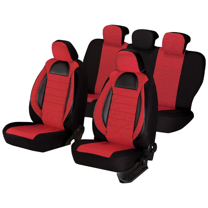 Комплект калъфи за автомобилни седалки Smartic®, Racing, 11 части, универсални, съвместими с въздушна възглавница, лесни за почистване, с цип, сгъваеми, 3 слоя дишащ текстил, с джобове, червени