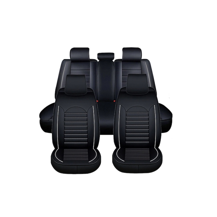 Комплект калъфи за предни и задни автомобилни седалки, Универсални, Еко кожа, Черни с бели шевове