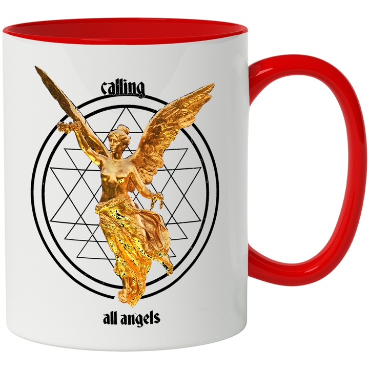 Cana Cu Mesaj Calling All The Angels, Sulptura De aur Inger, Silueta Feminina, Iubitorii De Arta Greceasca 330 ml, cu maner Rosu