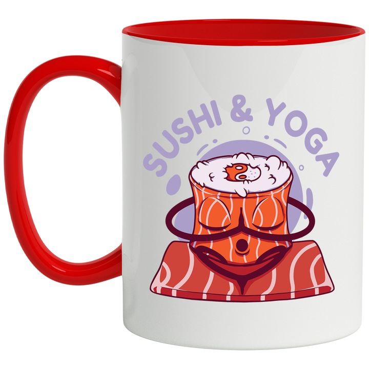 Cana Cu Mesaj Sushi&Yoga, Sushi Care Face Yoga, Relaxae, Buddha, Iubitorii De Yoga, Multicolor, 330 ml, cu maner Rosu