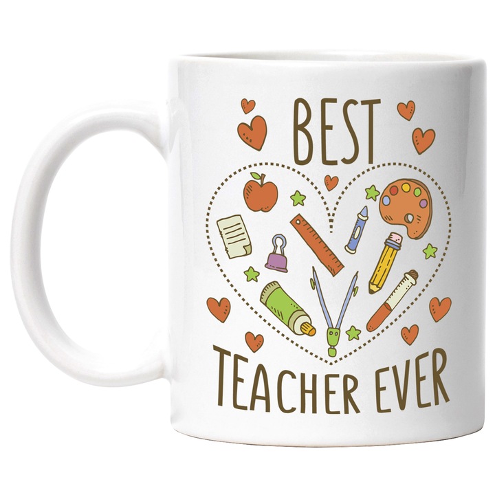 Cana Cu Mesajul Bst Teacher Ever, Inima Cu Rechizite Scolare, Text In Engleza, Cel Mai Bun Profesor, 330 ml, cu maner Alb
