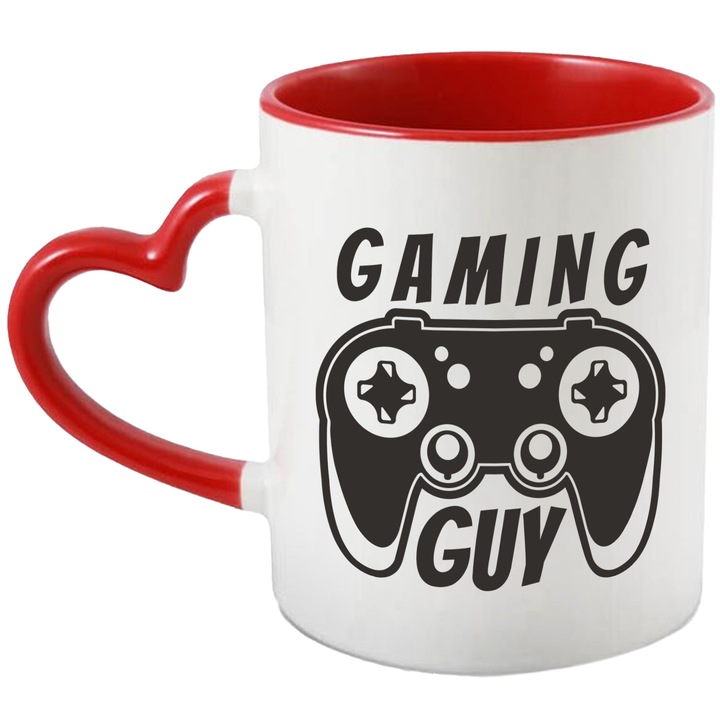 Cana Cu Mesajul Gaming Guy, Text In Engleza, Maneta Play Station, Iubitorii De Jocuri Video, Negru, 330 ml, cu maner Inima Rosie