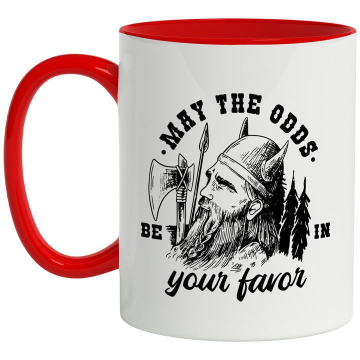 Cana May the Odds be In Your Favor, Valhalla, Viking, Ceramica, 330 ml, Multicolor cu maner Rosu