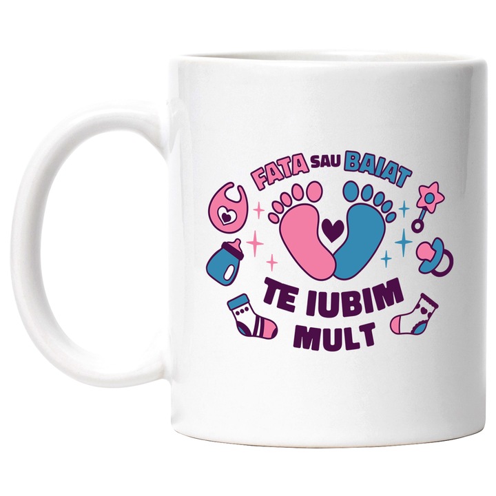 Cana Cu Mesaj Fata Sau Baiat Te Iubim Mult, Viitori Parinti, Albastru Roz, Familie, Baby Reavel, Copilarie, 330 ml, cu maner Alb