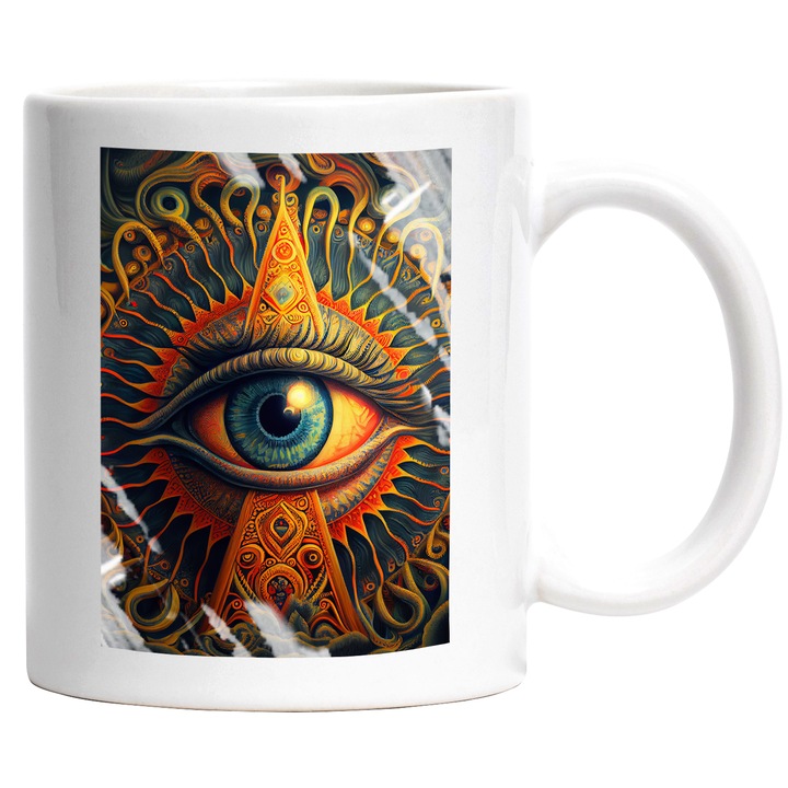 Cana Cu Ochii Bizar, Mozaic Iluminati, Ochii Albastru, Occult Eye, Multicolor, 330 ml, cu maner Alb