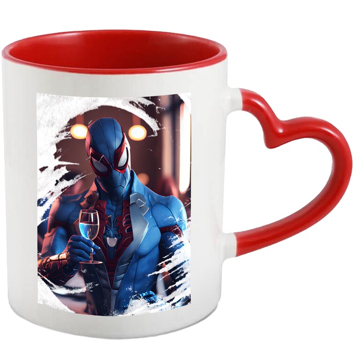 Cana Cu Portret SpiderMan, Omul Panjen, Super Erou, Marvel, Negru, 330 ml, cu maner Inima Rosie