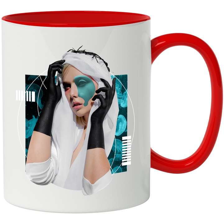 Cana Cu Portret Fata Bizara Cu Hjab, Manusii Negre, Pata De Vopsea De Vopsea Albastra Pe Ochii, Multicolor, 330 ml, cu maner Rosu