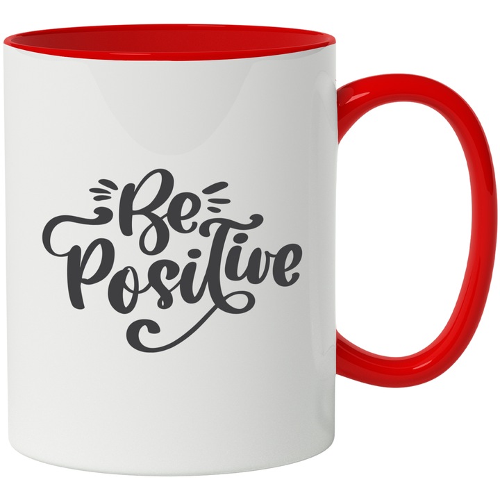 Cana Cu Mesaj Motivational Be Positive, Fii Optmist, Persoana Draga, Negru, 330 ml, cu maner Rosu