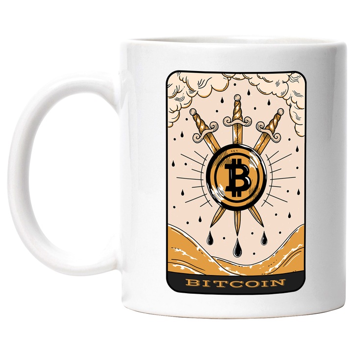 Cana Cu Carte Tarot Bitcoin, Sabii, Nori, Mare Agitata, Iubitorii De Investitii, Moneda Virtuala, 330 ml, cu maner Alb
