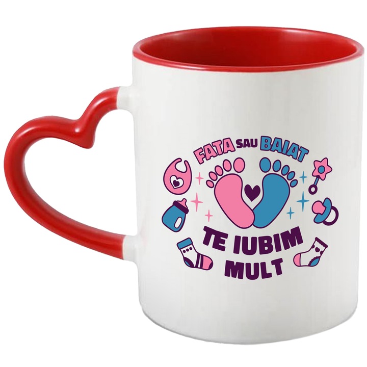 Cana Cu Mesaj Fata Sau Baiat Te Iubim Mult, Viitori Parinti, Albastru Roz, Familie, Baby Reavel, Copilarie, 330 ml, cu maner Inima Rosie