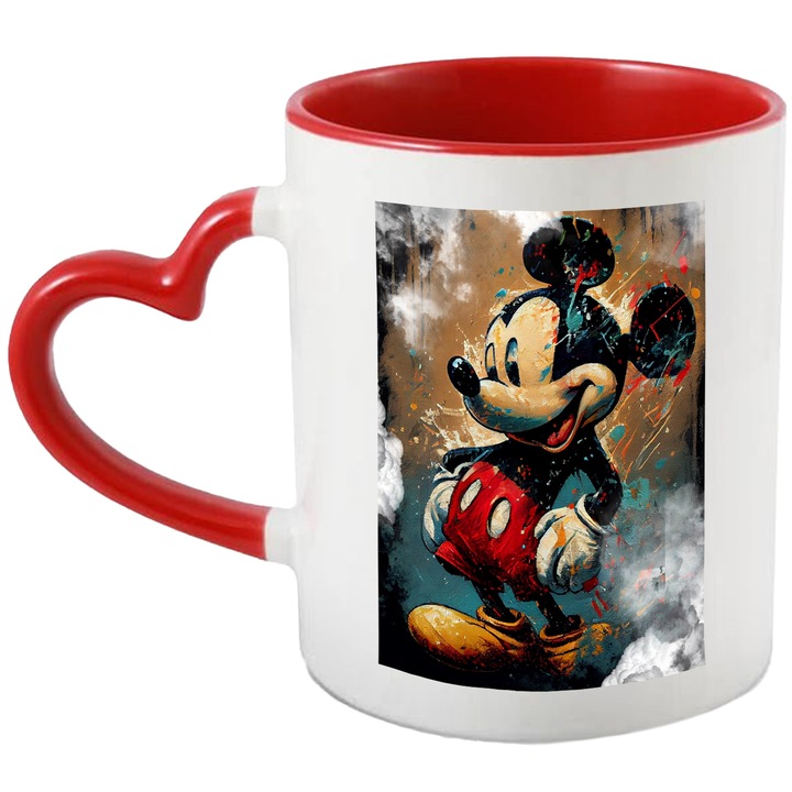 Cana Cu Pictura Mickey Mouse, Disney, Copii, Desene Animate, Multicolor, 330 ml, cu maner Inima Rosie