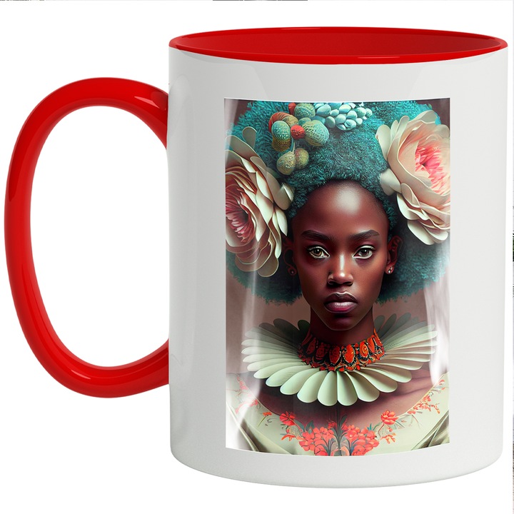 Cana Cu Portret Fata Par Albastru, Tiuta Bizara, Triburi Africane, Frumuseste Naturala, Multicolor, 330 ml, cu maner Rosu