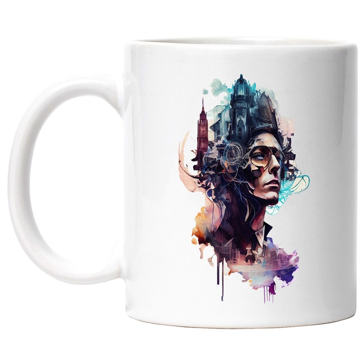 Cana Cu Pictura Abstract Chip Baiat Cu Ocelari, Big Bean, Lumea Poluata, Adevarul Omenirii Asupra Pamanatului, Multicolor, 330 ml, cu maner Alb