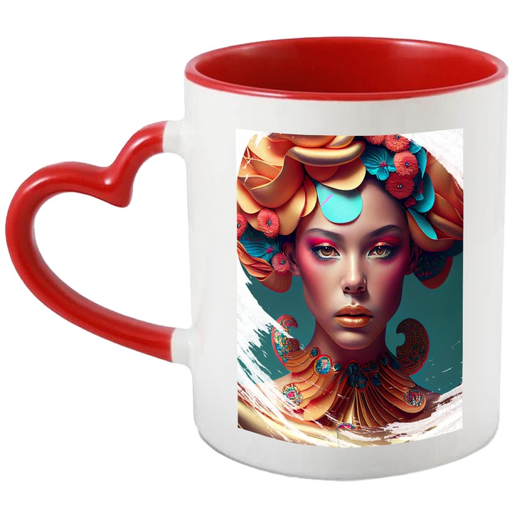 Cana Cu Portret Fata Bizara Palarie Multicolora, Make Up Abstract, Multicolor, 330 ml, cu maner Inima Rosie