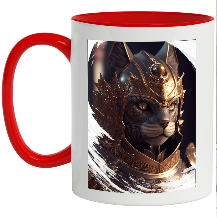 Cana Cu Portret Motan Razboinic, Armura De Aur, Iubitorii De Pisici, Sf, Desene Animate, Multicolor 330 ml, cu maner Rosu