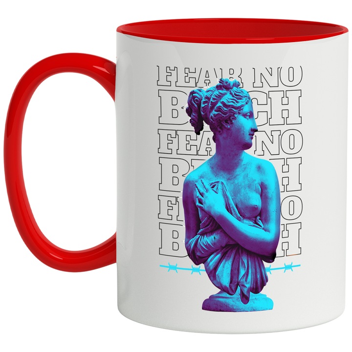 Cana Cu Sulptura Greceasca Feinina Dezgolita, Imagine Cu Lumini Stil Jocuri Video, Iubitorii De Arta 330 ml, cu maner Rosu