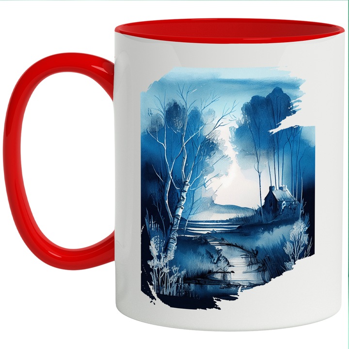 Cana Cu Pictura Priveliste Padure Inghetata, Iarna, Miezul Notii, Casa In Pustietate, Izvor, Multicolor, 330 ml, cu maner Rosu