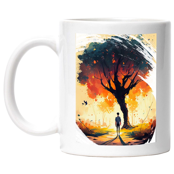 Cana Cu Apus De Soare, Om Stand In Fata Unui Pom, Peisaj De Toamna, Frumusetea Nataurii, Multicolor, 330 ml, cu maner Alb