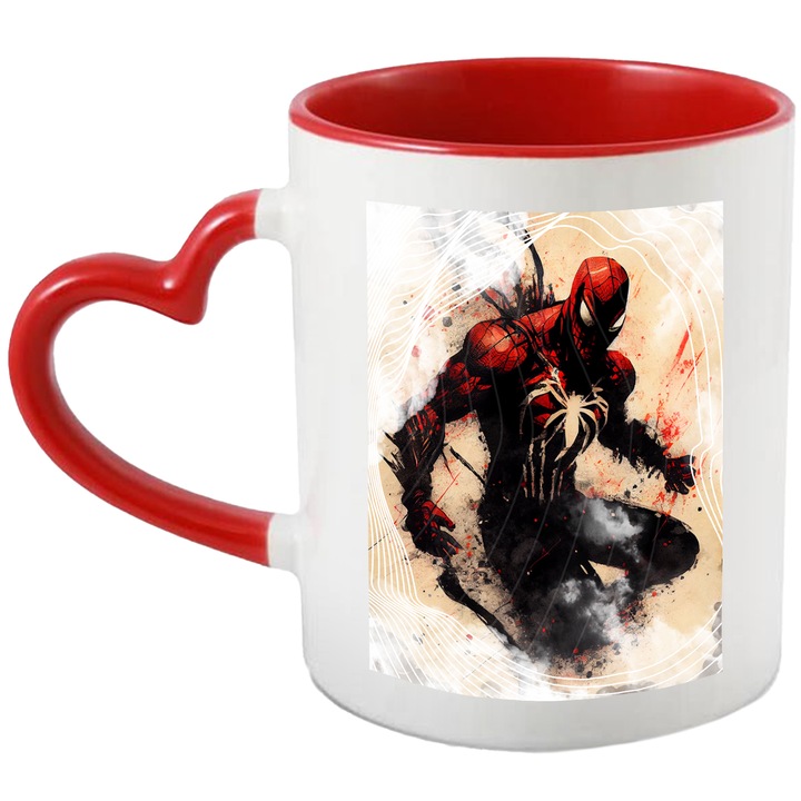 Cana Cu Pictura SpiderMan, Omul Panjen, Super Erou, Marvel, Negru, 330 ml, cu maner Inima Rosie