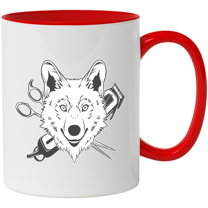 Cana Cu Lup Bine Coafat In Spate Foarfeca Si masina De tuns, Hairstyle, Haios, Negru, 330 ml, cu maner Rosu