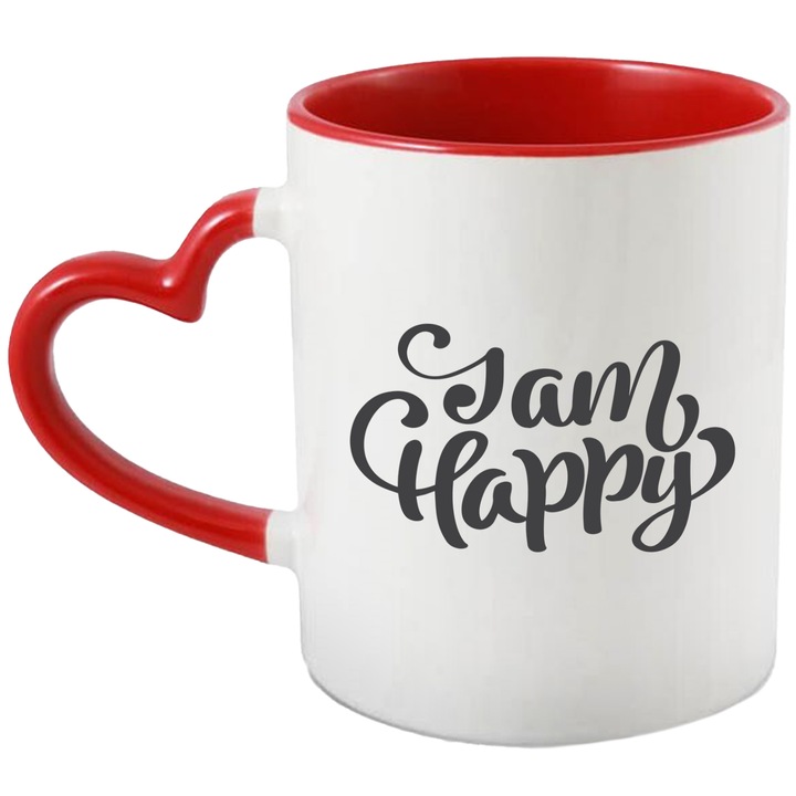 Cana Cu Mesaj I Am Happy, Motivational, Persoana Draga, Fericire, Negru, 330 ml, cu maner Inima Rosie