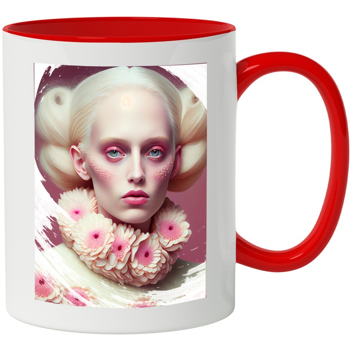 Cana Cu Portret Fata Colier Flori Roz, Make Up Roz, Ochii Albastri, Par Bond, Palida, Multicolor 330 ml, cu maner Rosu