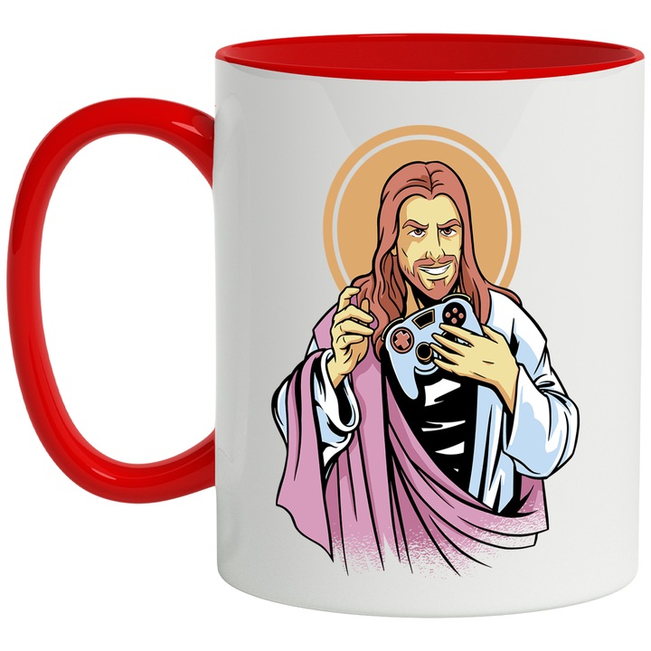 Cana Jesus, Jucator de Jocuri Video pe Console, Playstation, xbox, Ceramica, 330 ml, Multicolor cu maner Rosu