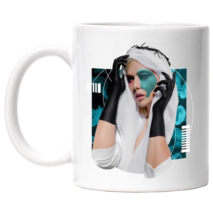 Cana Cu Portret Fata Bizara Cu Hjab, Manusii Negre, Pata De Vopsea De Vopsea Albastra Pe Ochii, Multicolor, 330 ml, cu maner Alb