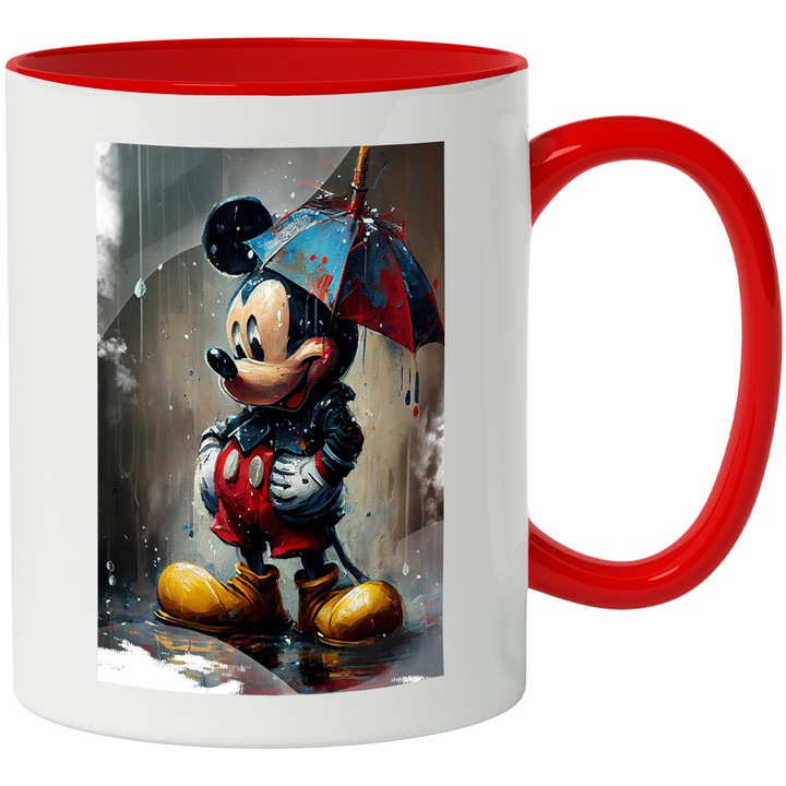 Cana Cu Pictura Mickey Mouse Cu Umbrela In Ploaie, Disney, Copii, Desene Animate, Multicolor, 330 ml, cu maner Rosu