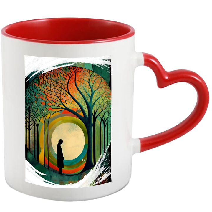 Cana Cu Pictura Silueta In Apus De Soare, Padure Colorata, Arta Clasica, Frumusetea Nataurii, Multicolor, 330 ml, cu maner Inima Rosie