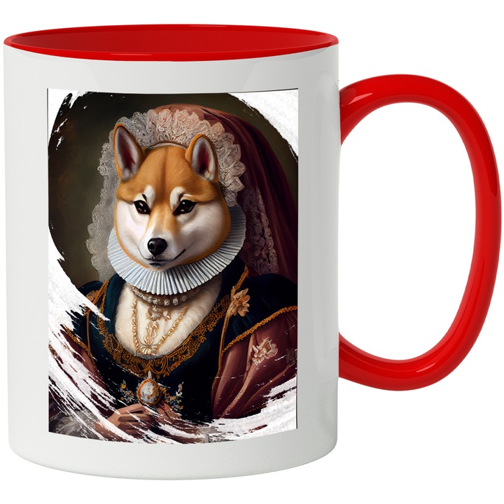 Cana Cu Portret Regina Vulpe, Animal Salbatic, Tinuta Secolul 17, Tron, Multicolor 330 ml, cu maner Rosu