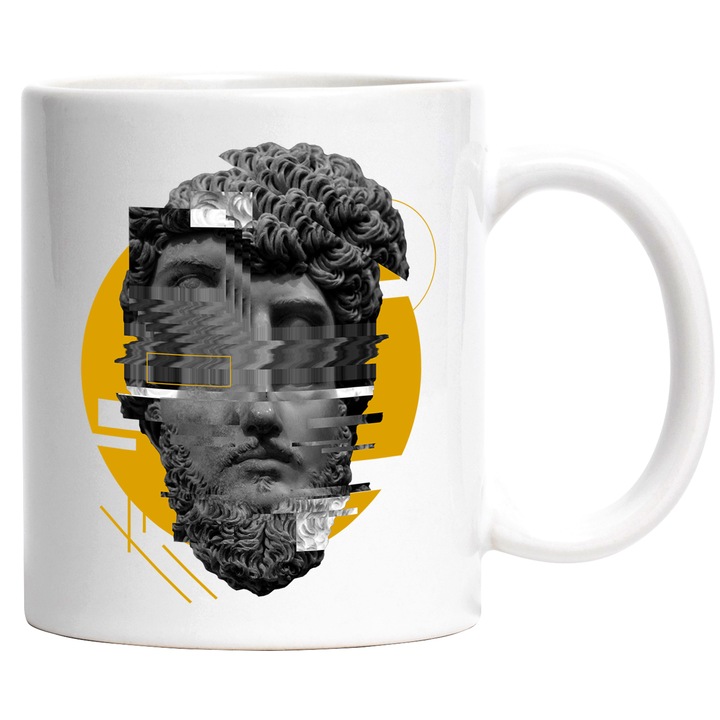 Cana Cu Arta Abstracta, Chip Sculptura Intrerupt, Eroare, Arta Greceasca, Iubitorii De Istorie 330 ml, cu maner Alb