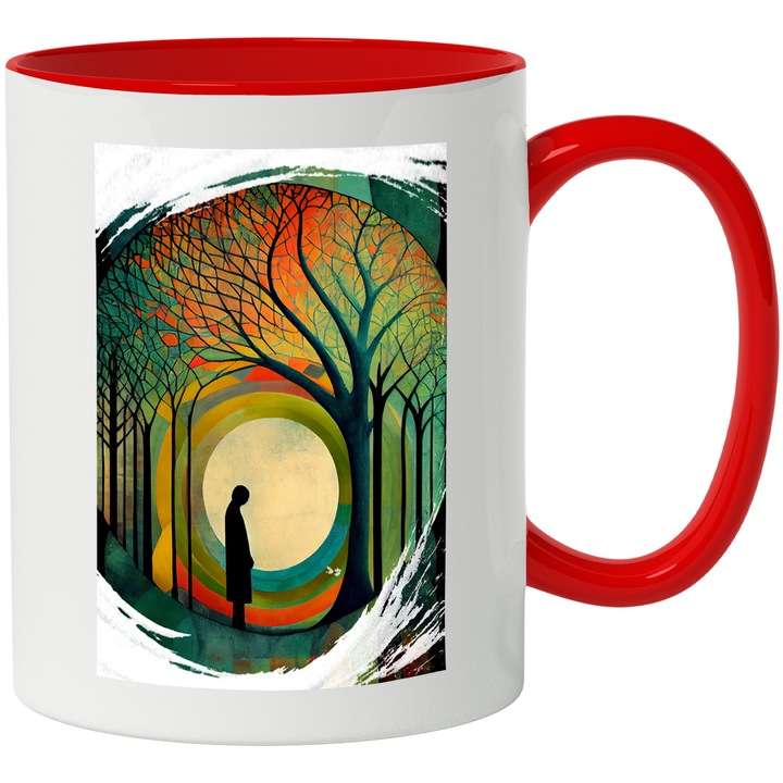 Cana Cu Pictura Silueta In Apus De Soare, Padure Colorata, Arta Clasica, Frumusetea Nataurii, Multicolor, 330 ml, cu maner Rosu