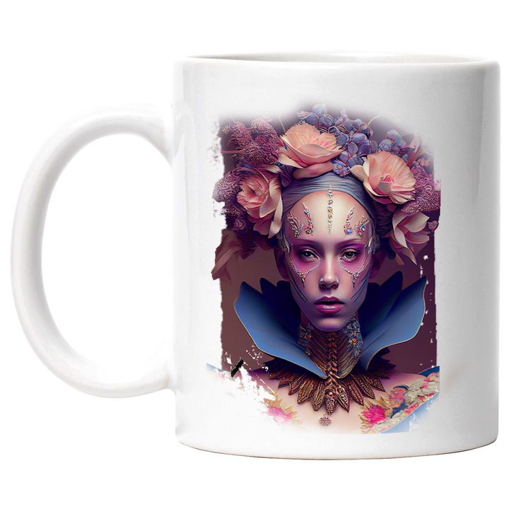 Cana Cu Portret Zeita Floriilor, Tinuta Bizara, Make Up Abstract, Flori Roz, Multicolor, 330 ml, cu maner Alb