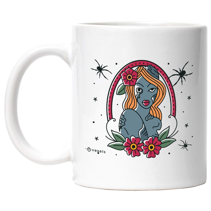 Cana Cu Portret Sirena Par Blond, Paianjeni Negri, Flori Rosii, Multicolor, 330 ml, cu maner Alb