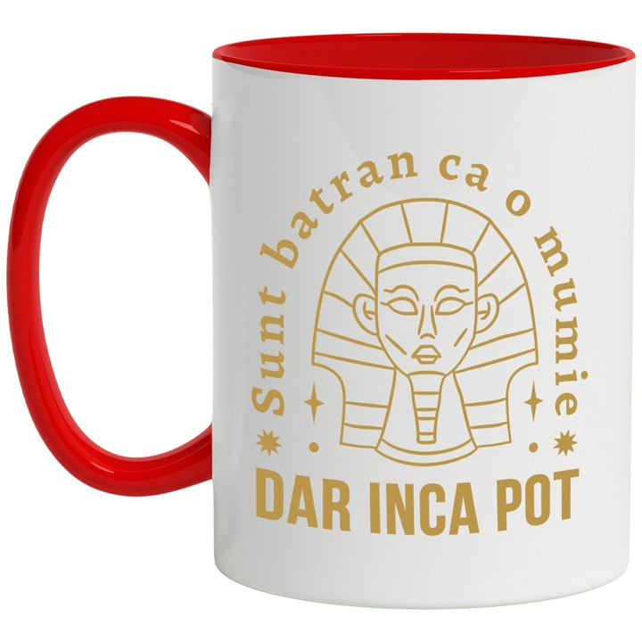 Cana Cu Mesajul Haios Sunt Batran Ca O Mumie, Arhologie, Istorie Personalizat, 330 ml, cu maner Rosu