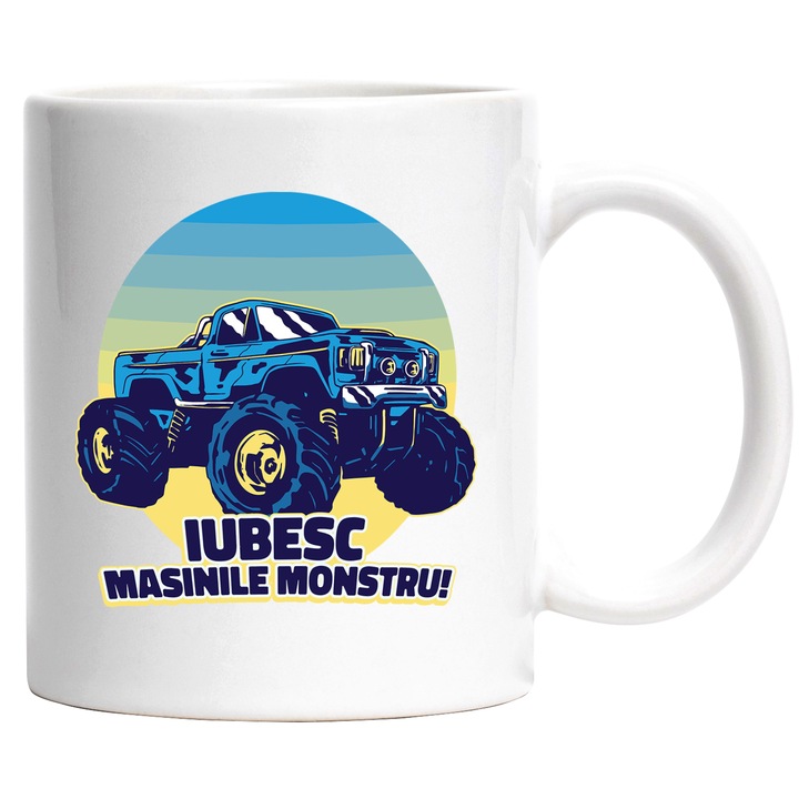 Cana Cu Mesaj Iubesc Masinile Monstru, Drumetie, Big Car, Albastru Galben, Barbati, 330 ml, cu maner Alb