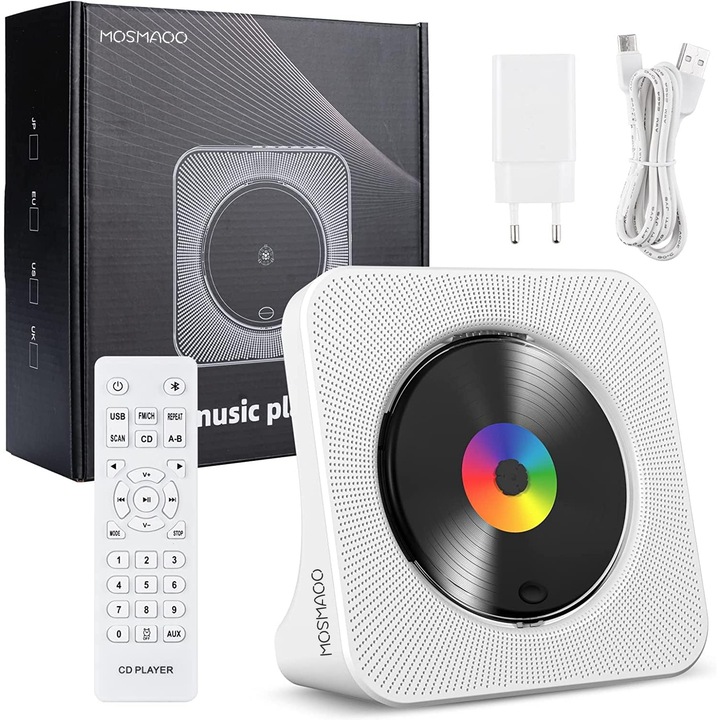 Мултифункционален преносим CD плейър, MOSMAOO, Bluetooth, FM радио, Вградени високоговорители HiFi, USB/AUX, LCD екран, 3W, Дистанционно управление, Бял