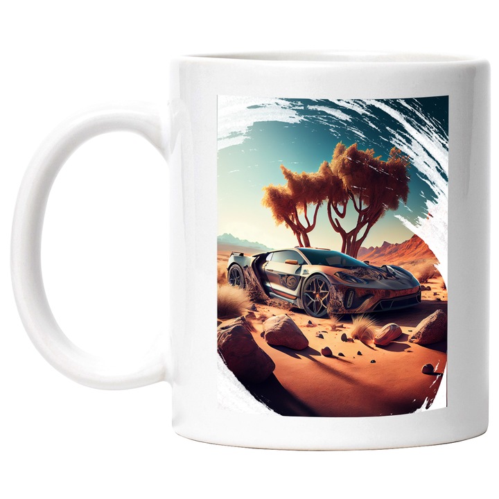 Cana Cu Masina Sport In Desert Langa Un Pom, Salbaticie, Caldura, Iubitorii De Masini, Multicolor, 330 ml, cu maner Alb