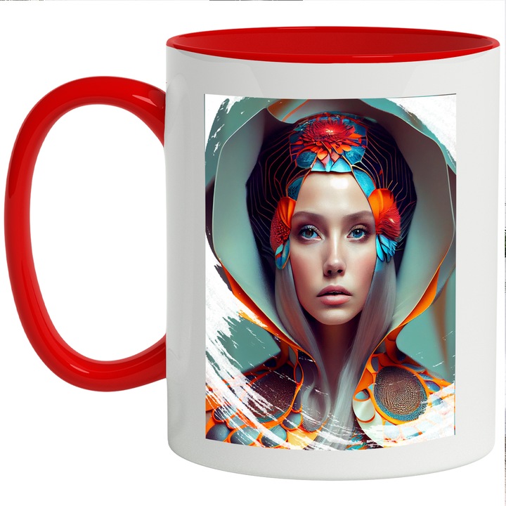 Cana Portret Femeie Par Blond, Bandana Traditionala Cu Flori Rosii, Ochii Albastri, Multicolor 330 ml, cu maner Rosu