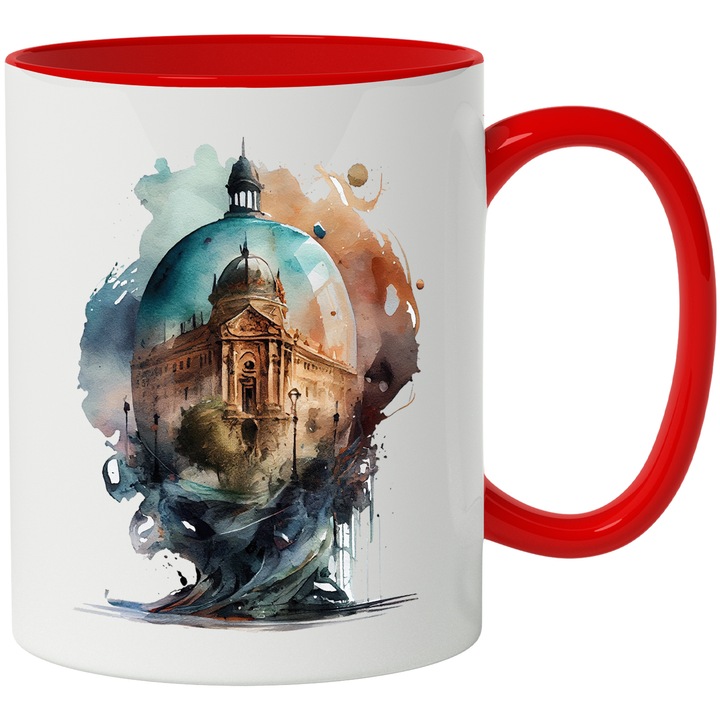 Cana Cu Design Absract, Sfera Di Sticla Cu O Cladire Inalta, In Centrul Vechi, Multicolor, 330 ml, cu maner Rosu