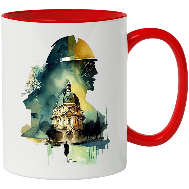 Cana Cu Om Mergand Spre Biserica, Sileata Barbateasca In Fundal, Arta Abstracta, Personaizat, Multicolor, 330 ml, cu maner Rosu