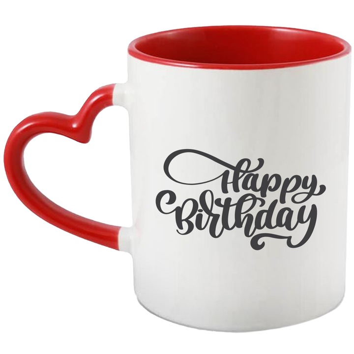 Cana Cu Mesaj Happy Birthday, La Multi Ani, Aniversare, Personalizat, Negru, 330 ml, cu maner Inima Rosie