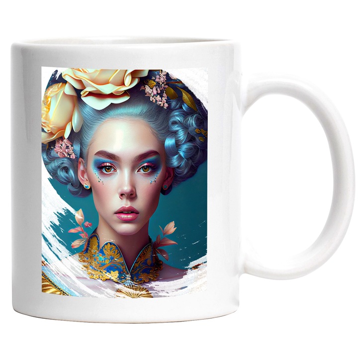 Cana Cu Portret Fata Flori In Par, Tiuta Bizara, Palida, Frumuseste Naturala, Multicolor, 330 ml, cu maner Alb