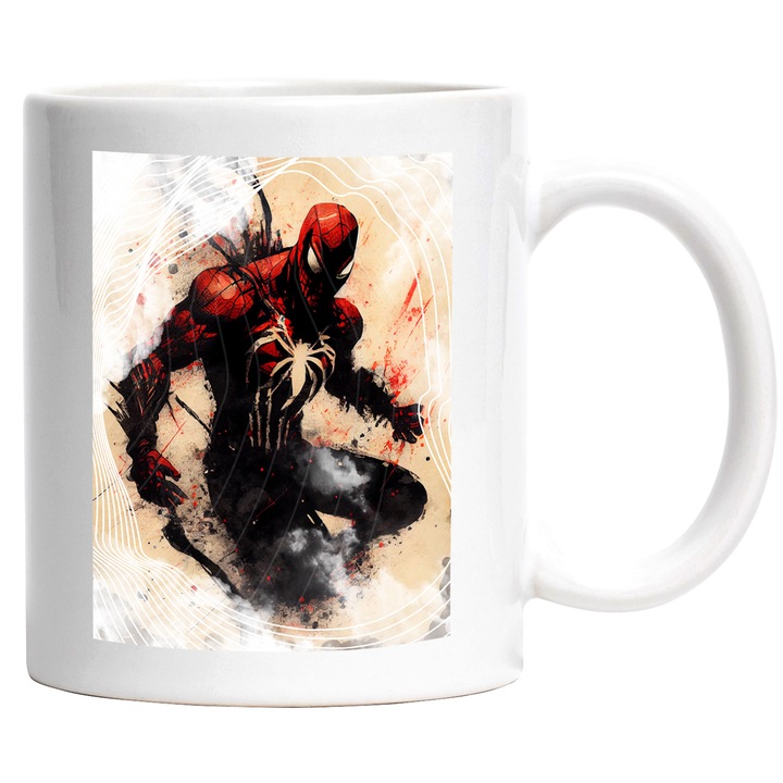 Cana Cu Pictura SpiderMan, Omul Panjen, Super Erou, Marvel, Negru, 330 ml, cu maner Alb